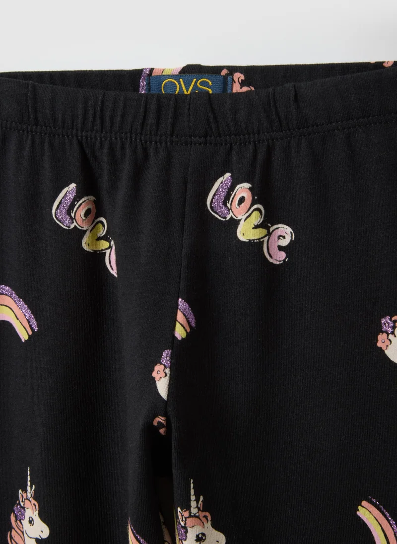 Ovs  OVS Girls' Black Stretch Cotton Skinny Fit Leggings With Prints for Kids | Best Price UAE